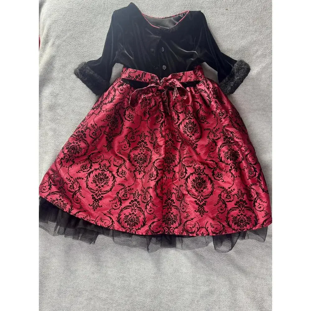 jona michelle‎ girls holiday dress red black velvet damask party 4-5T